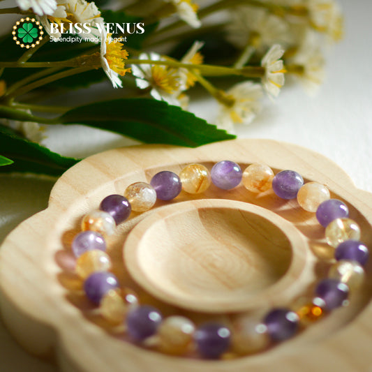 Joint Growth Of Wisdom And Wealth, purple and yellow crystal bracelet 8mm