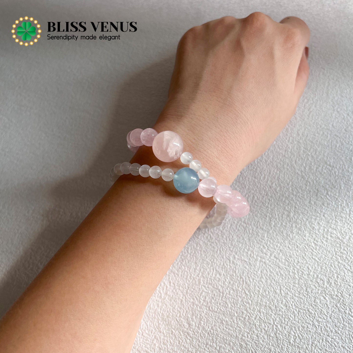 The Charm Of Sincerity, pink crystal, moonstone, aquamarine 14mm 5mm 11mm,  double layer nature crystal bracelet