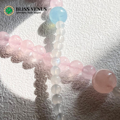 The Charm Of Sincerity, pink crystal, moonstone, aquamarine 14mm 5mm 11mm,  double layer nature crystal bracelet