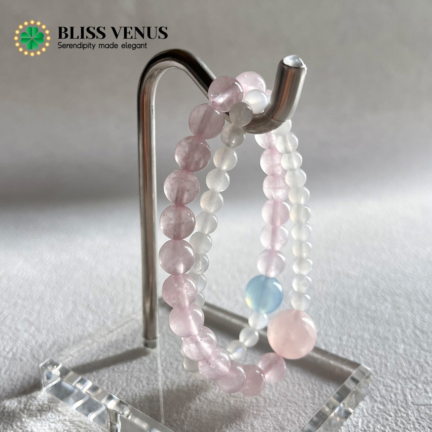 The Charm Of Sincerity, pink crystal, moonstone, aquamarine 14mm 5mm 11mm,  double layer nature crystal bracelet