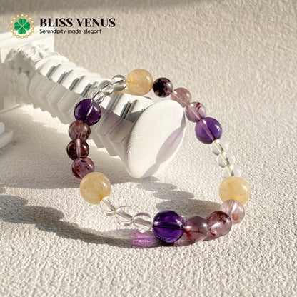 Harmony Of Wealth And Wisdom, yellow/white/purple crystal beaded bracelet 6~10mm