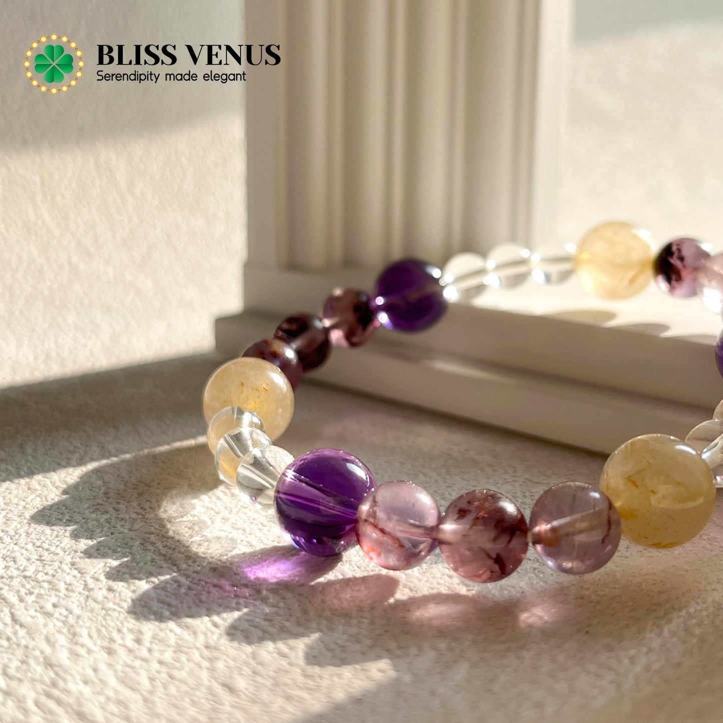 Harmony Of Wealth And Wisdom, yellow/white/purple crystal beaded bracelet 6~10mm