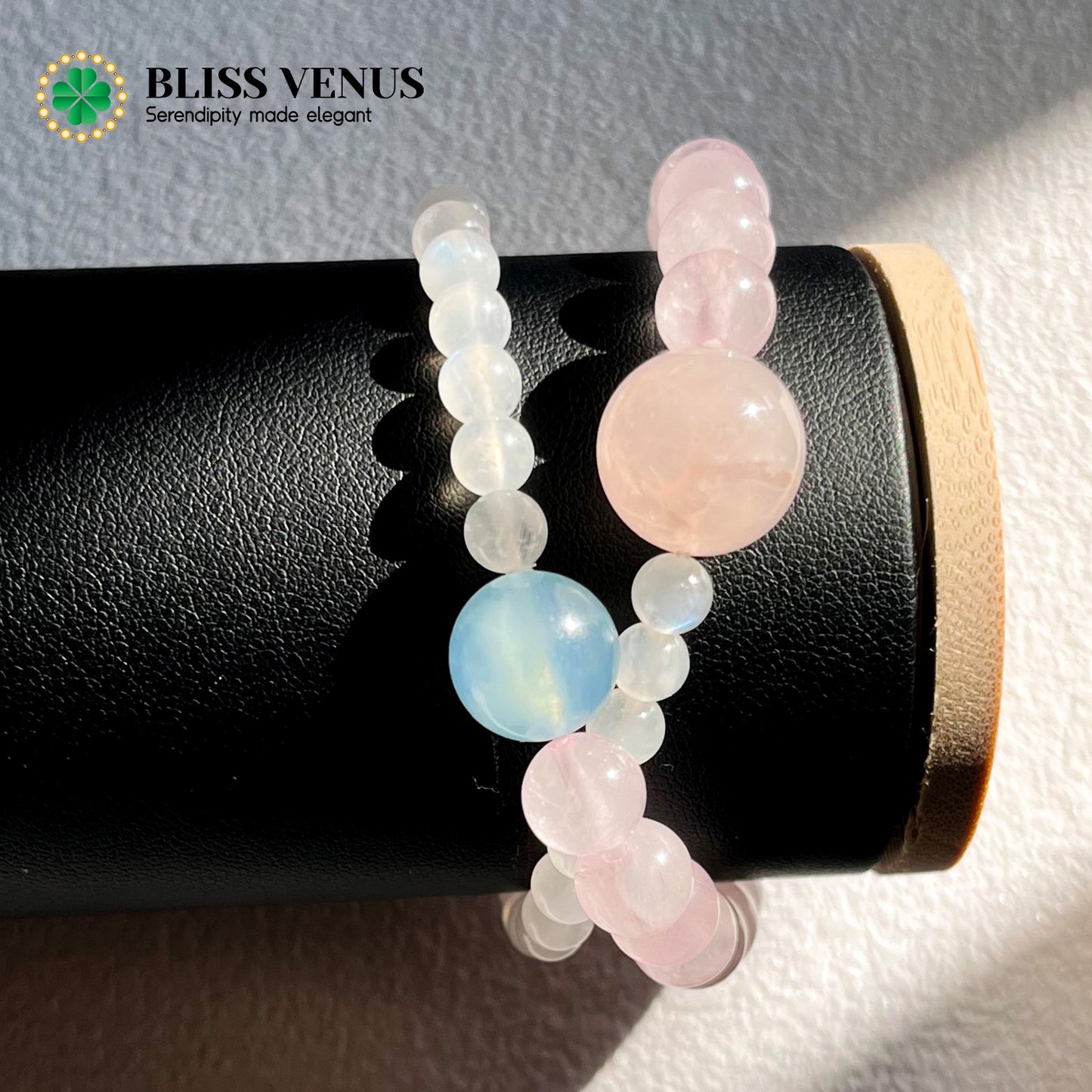 The Charm Of Sincerity, pink crystal, moonstone, aquamarine 14mm 5mm 11mm,  double layer nature crystal bracelet