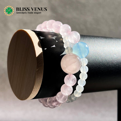 The Charm Of Sincerity, pink crystal, moonstone, aquamarine 14mm 5mm 11mm,  double layer nature crystal bracelet