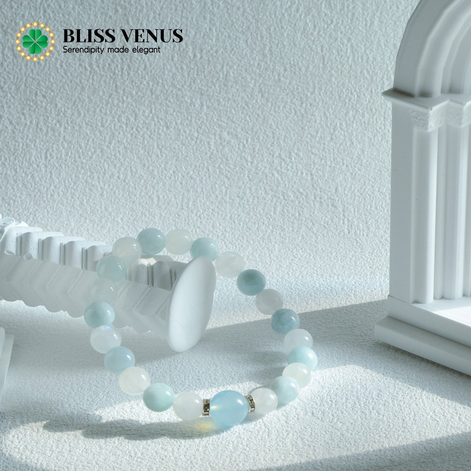 Aquamarine moonstone bracelet detail view, throat chakra and lover's stone combination