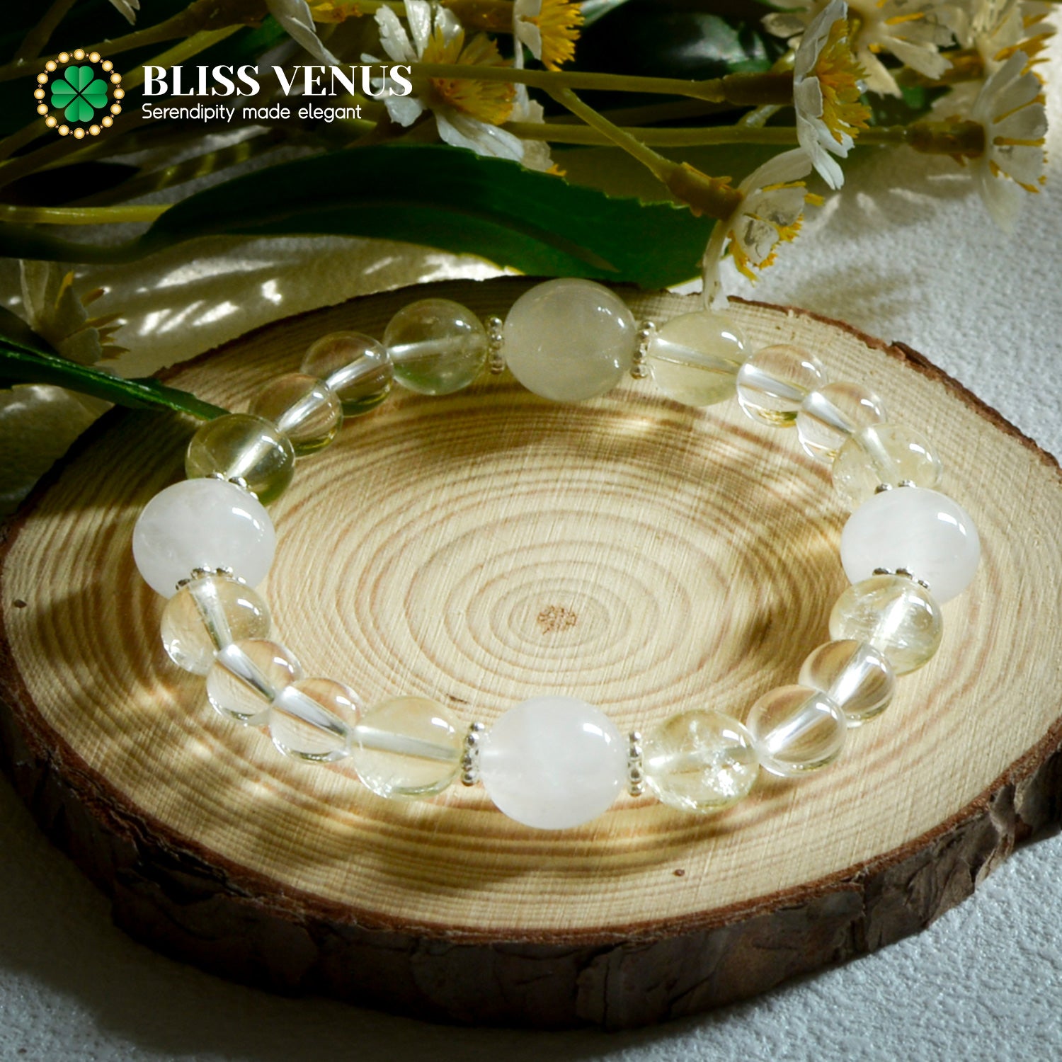 Clear crystal and yellow crystal bracelet detail view displaying bead size variation and color blend