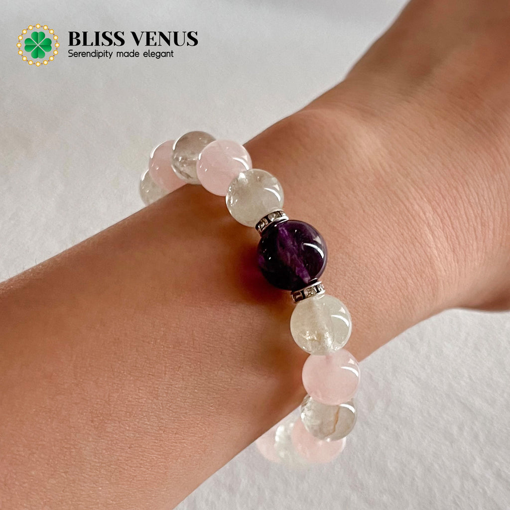 Complete view of pink green purple crystal bracelet, perfect for emotional career and spiritual balance