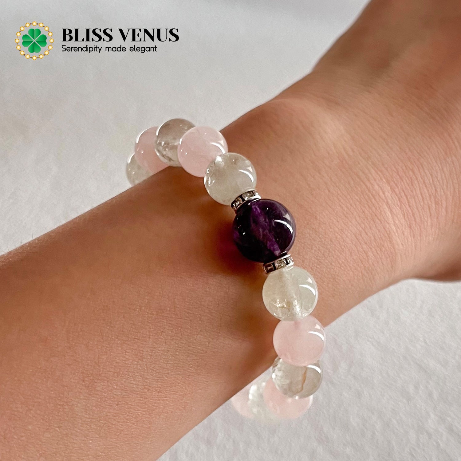 Complete view of pink green purple crystal bracelet, perfect for emotional career and spiritual balance