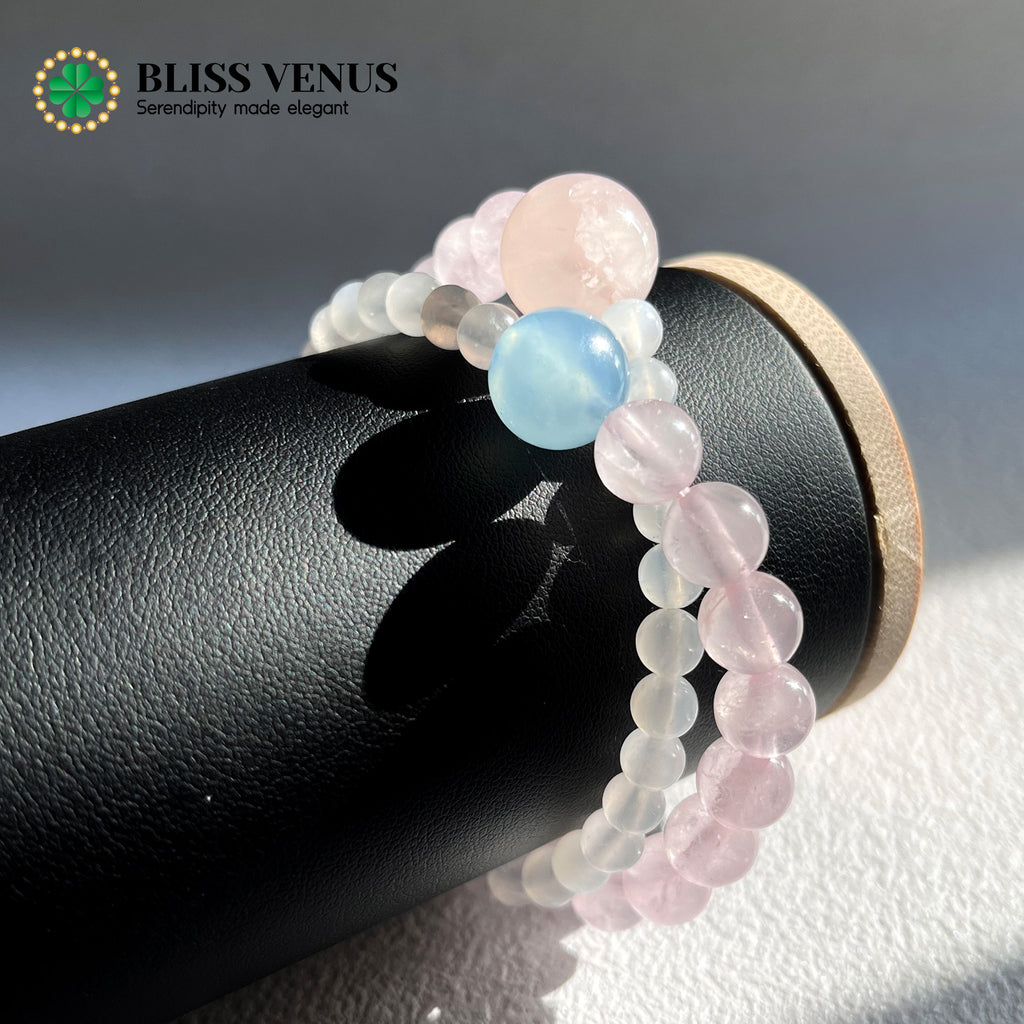 Double layer crystal bracelet detail view displaying rose quartz, moonstone and aquamarine combination