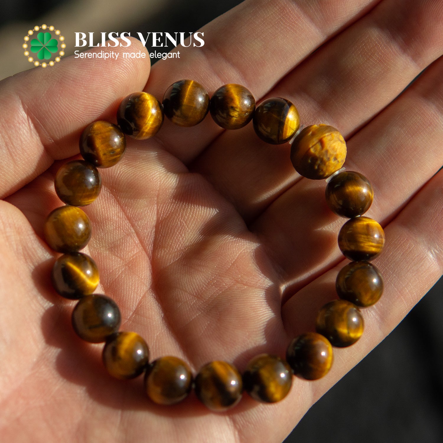Full view of Venus design tiger eye bracelet, enhances confidence and symbol of wealth