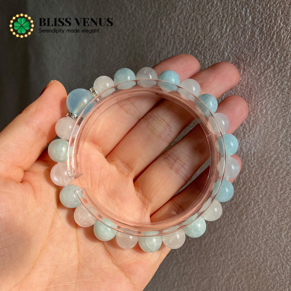 Full view of aquamarine moonstone bracelet, enhances communication and soothes inner emotions