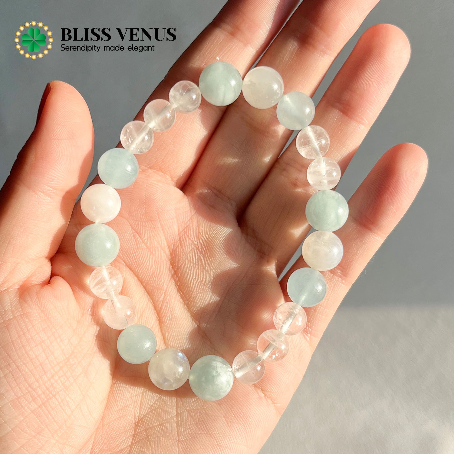 Full view of moonstone aquamarine clear crystal bracelet, enhances communication and emotional balance