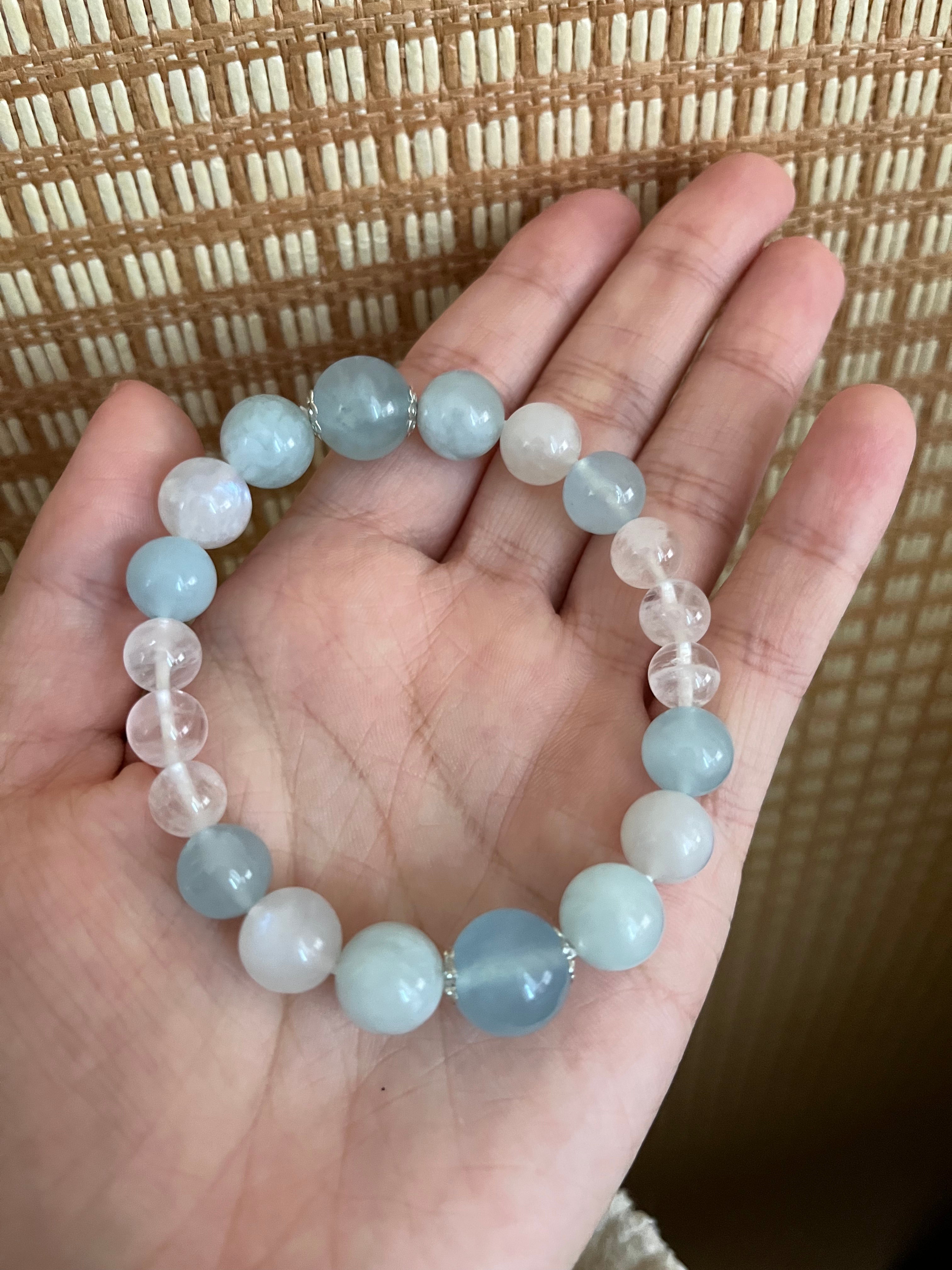 Full view of moonstone aquamarine white crystal bracelet, enhances communication courage and emotional balance