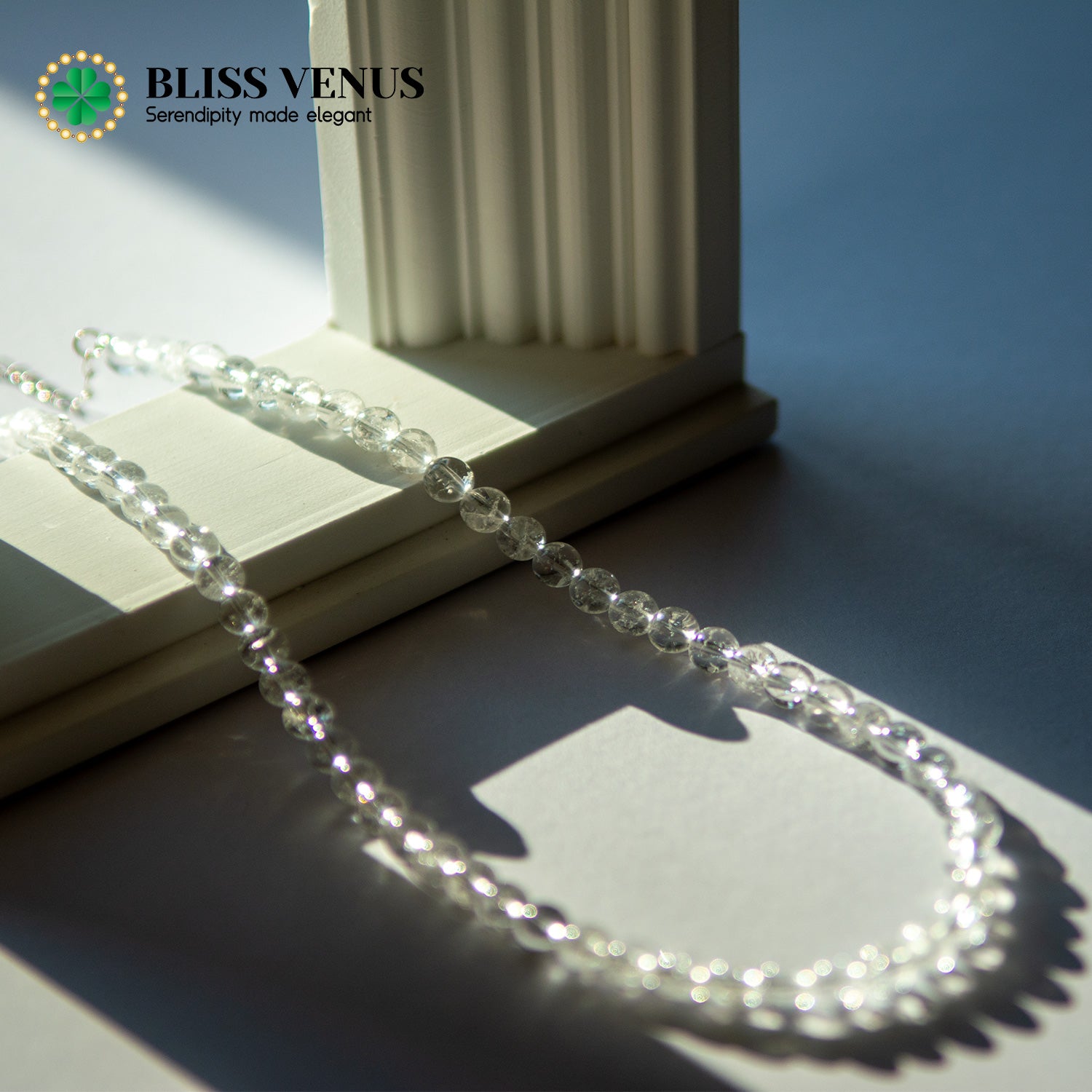 Full view of natural clear crystal beaded necklace, purifies negative energy and reduces stress