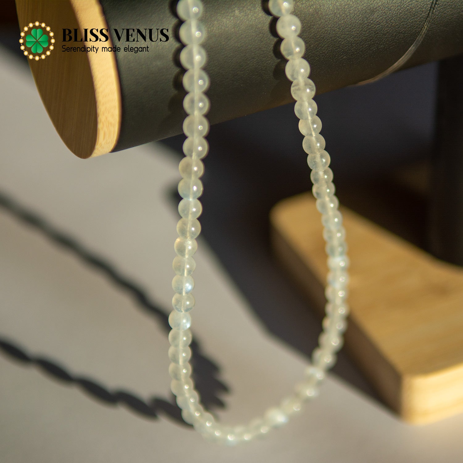 Full view of natural white moonstone beaded necklace, perfect gift for beloved ones