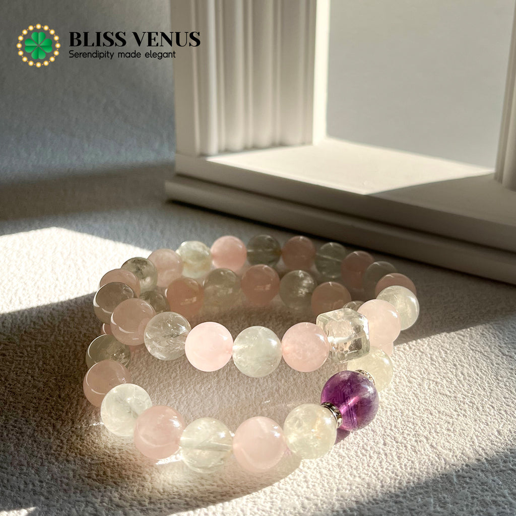 Full view of pink green purple crystal bracelet, enhances love relationships career growth and inner peace