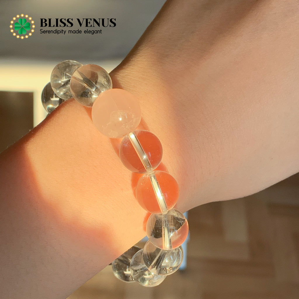 Full view of white and pink crystal bracelet, enhances charm and promotes emotional expression