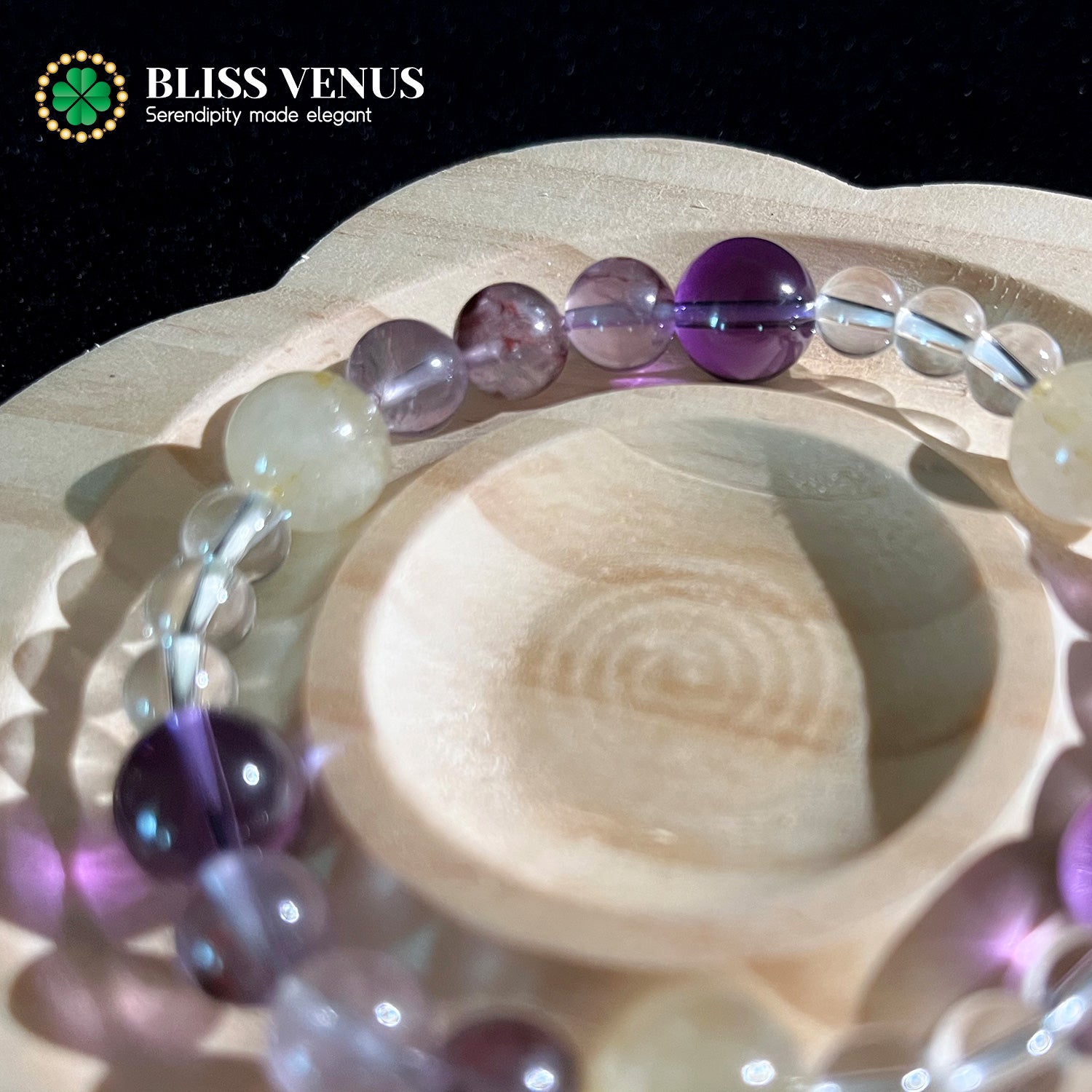 Full view of yellow white purple crystal bracelet, enhances wealth wisdom and purifying harmony