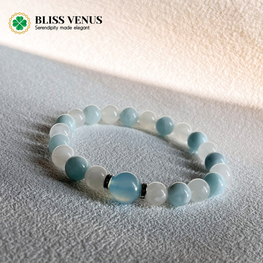 Inner calm outer voice aquamarine and moonstone crystal beaded bracelet, 9mm-11mm beads, customizable size