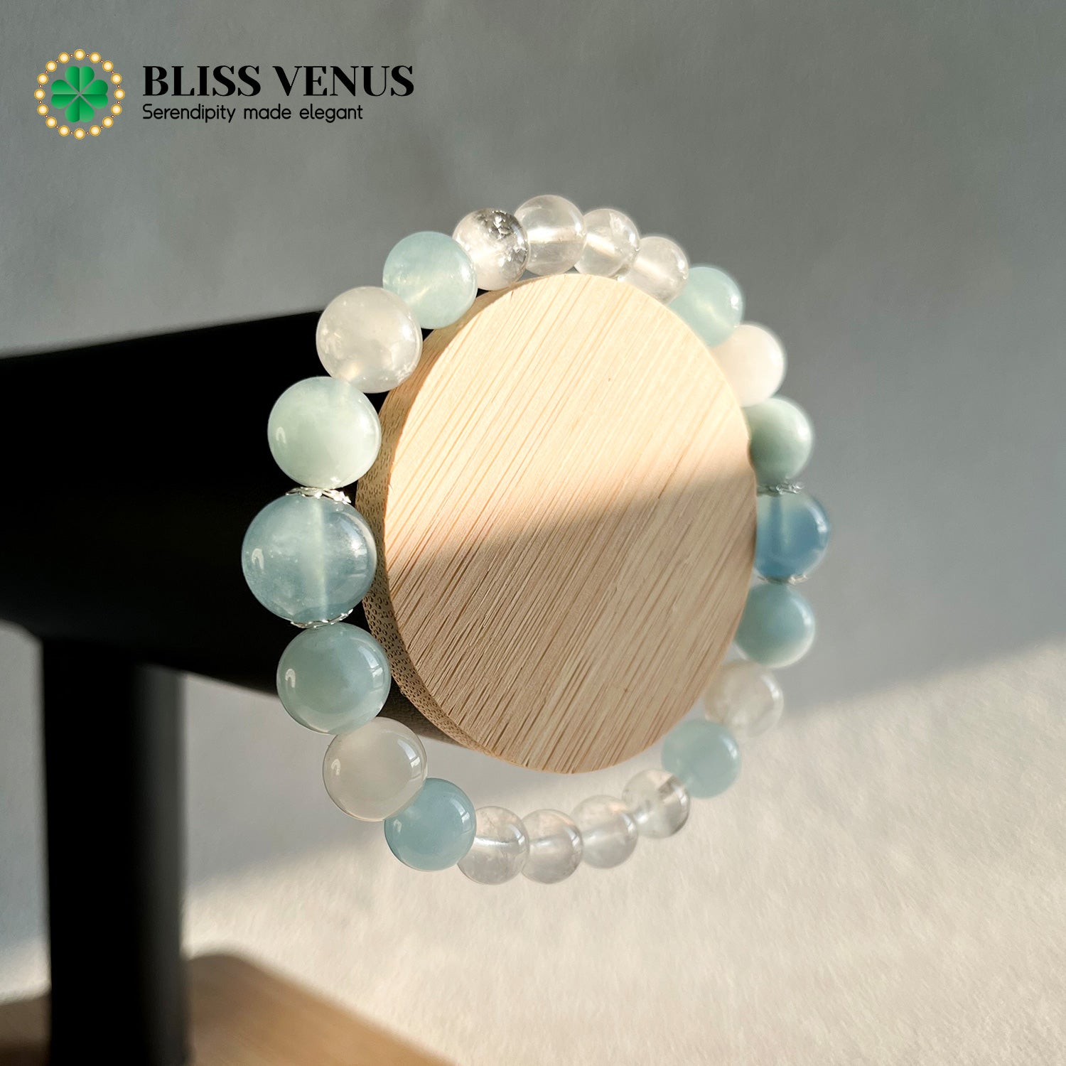 Inner strength outer courage moonstone aquamarine white crystal beaded bracelet, 8mm-12mm beads, 15.5-17cm