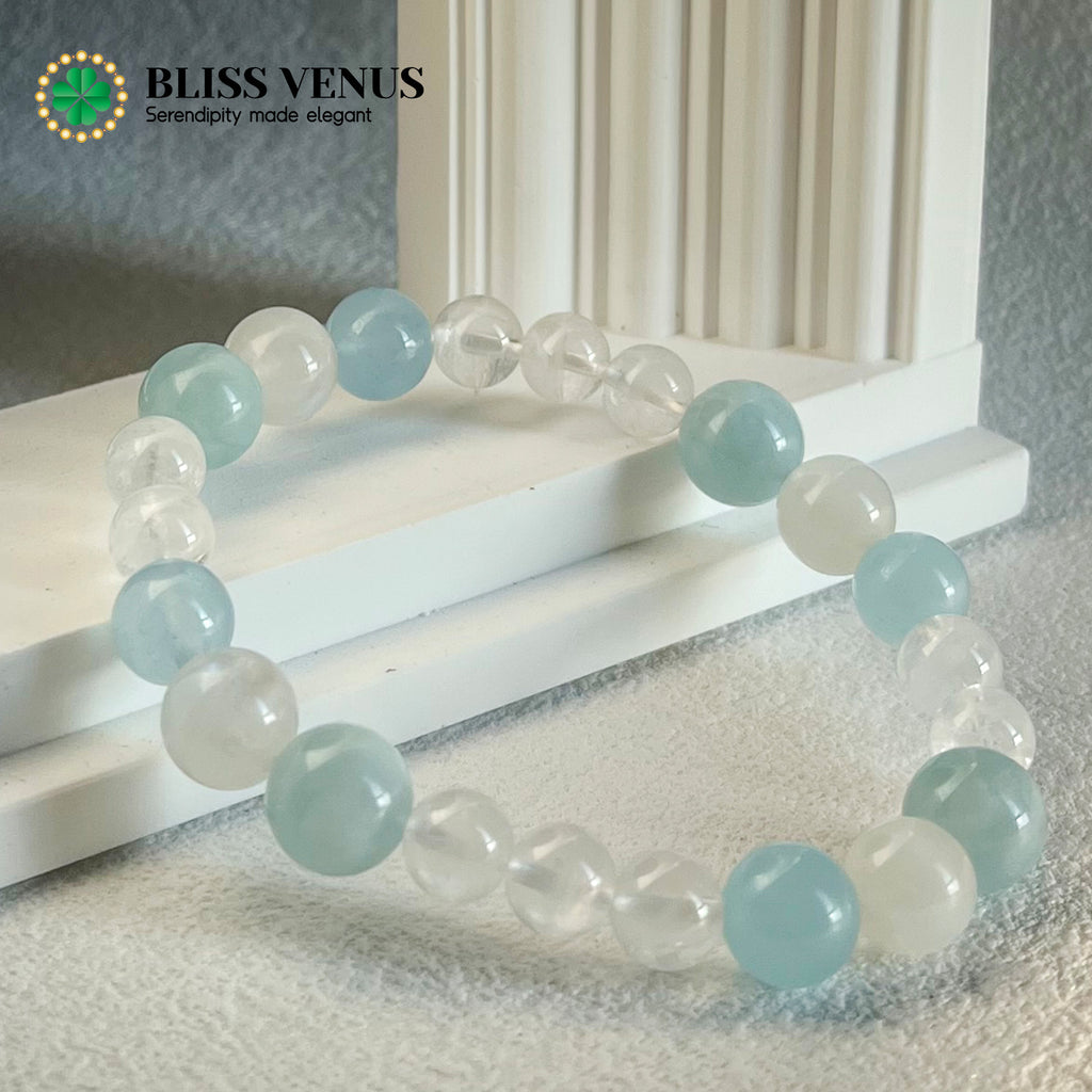 Internal balance and expression moonstone aquamarine white crystal beaded bracelet, 8mm-10mm beads, customizable size
