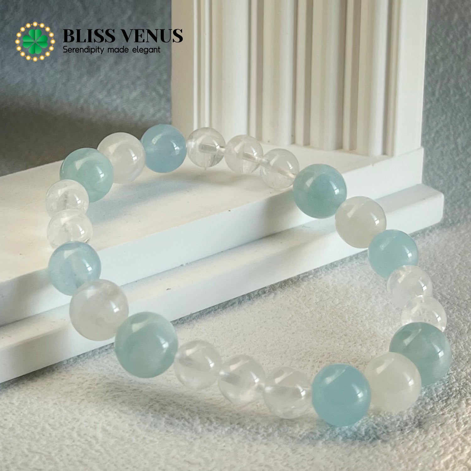 Internal balance and expression moonstone aquamarine white crystal beaded bracelet, 8mm-10mm beads, customizable size