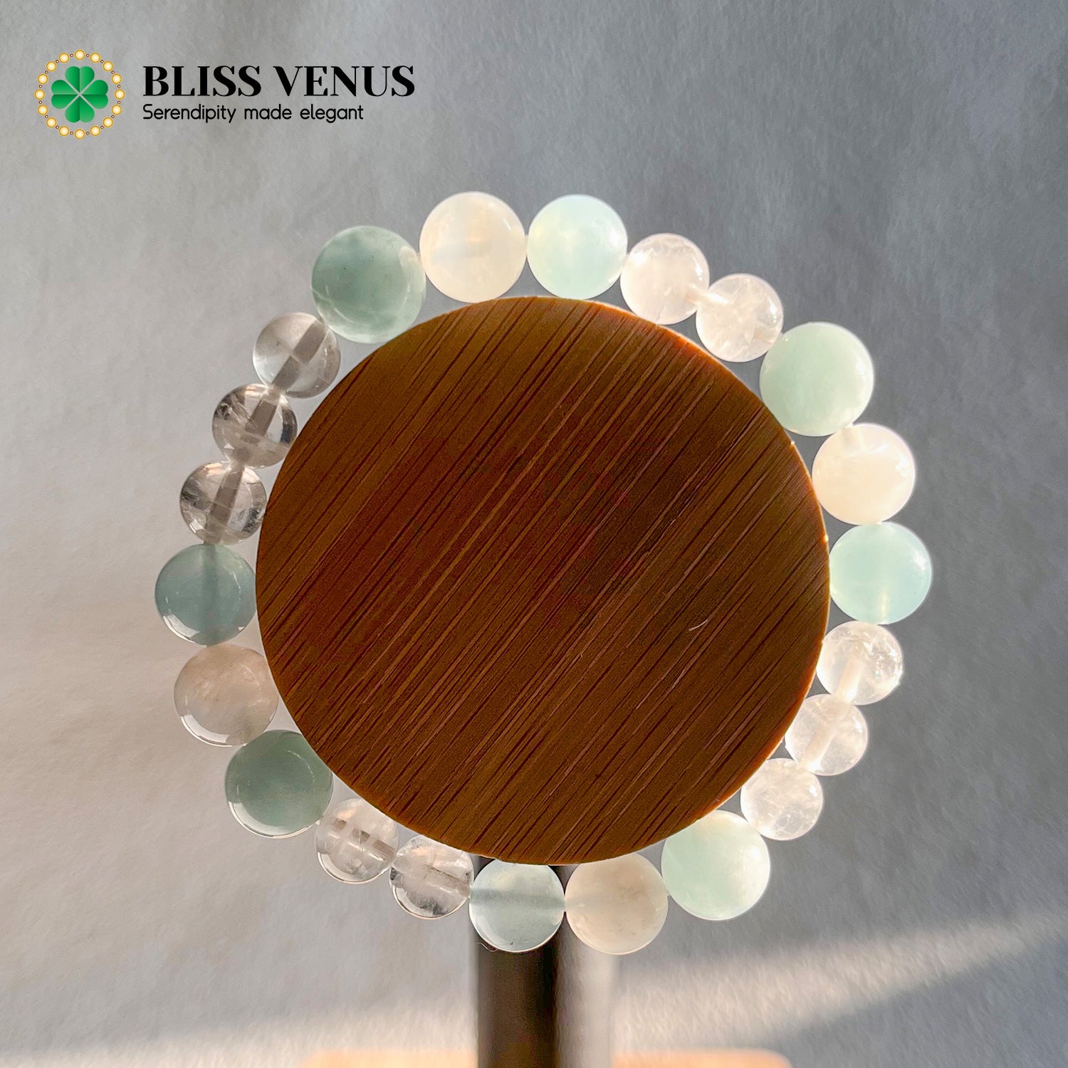 Moonstone aquamarine white crystal bracelet detail view, throat chakra and lover's stone combination