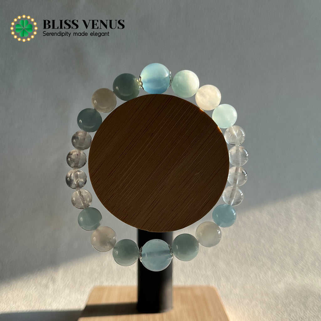 Moonstone aquamarine white crystal bracelet detail view, throat chakra and lover's stone combination