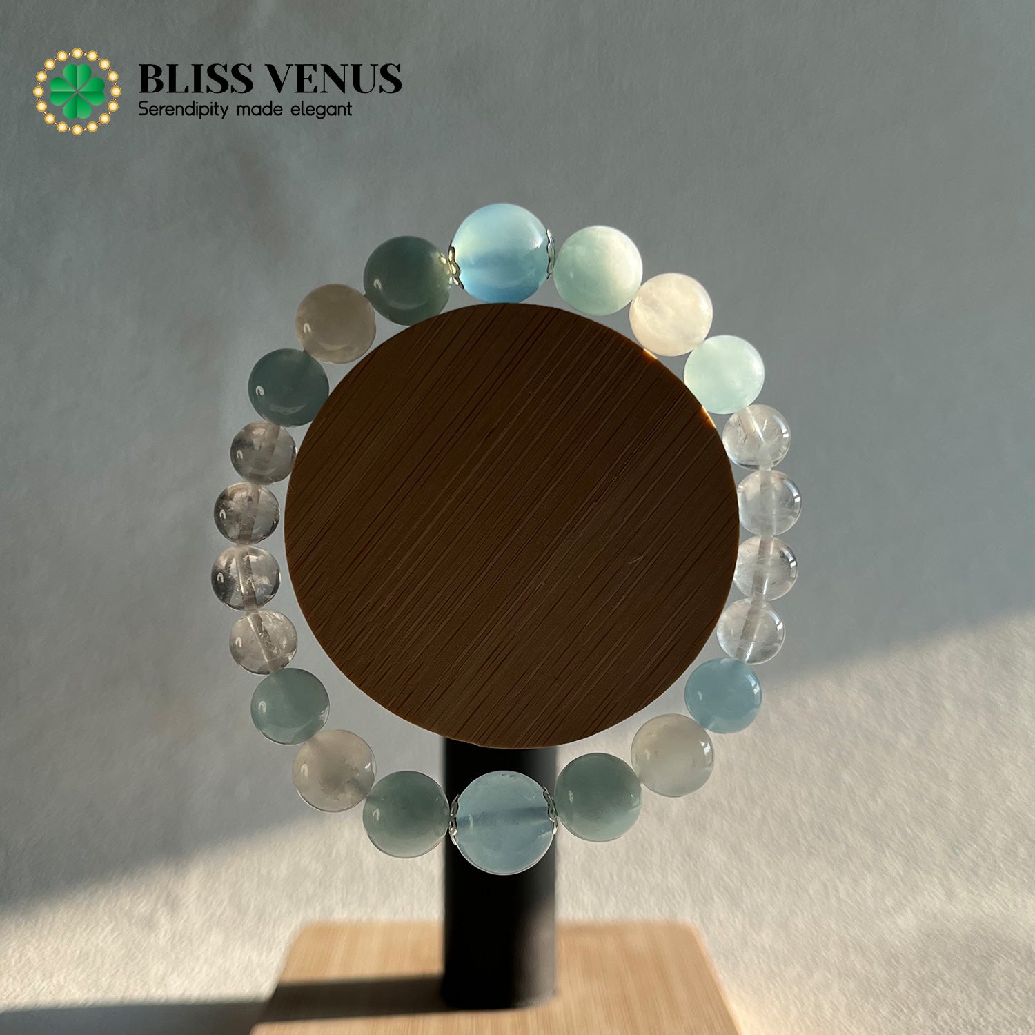 Moonstone aquamarine white crystal bracelet detail view, throat chakra and lover's stone combination