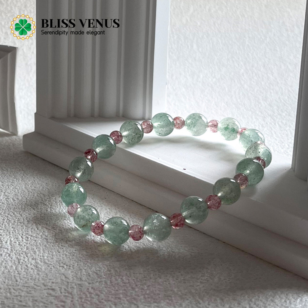Multi-angle view of strawberry quartz bracelet highlighting crystal transparency charm and harmony