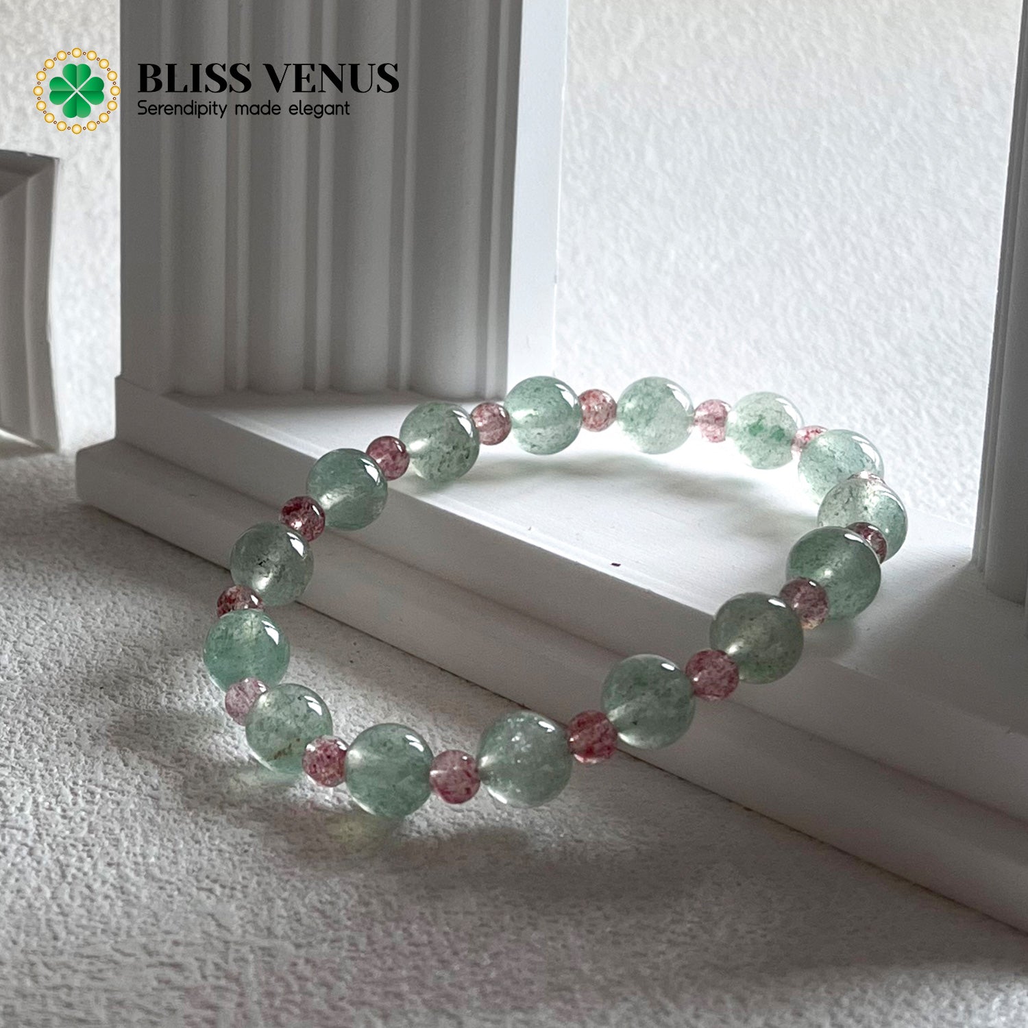 Multi-angle view of strawberry quartz bracelet highlighting crystal transparency charm and harmony