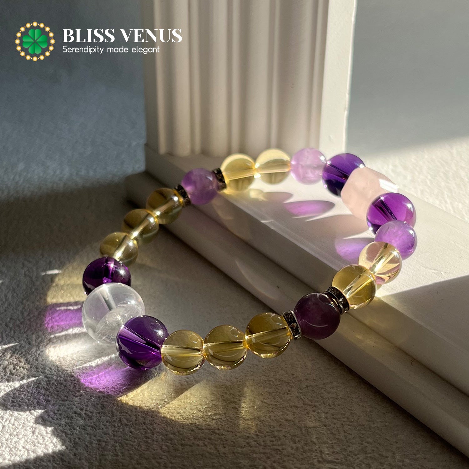 Multi-color crystal bracelet detail view displaying wealth wisdom purity and love stone combination