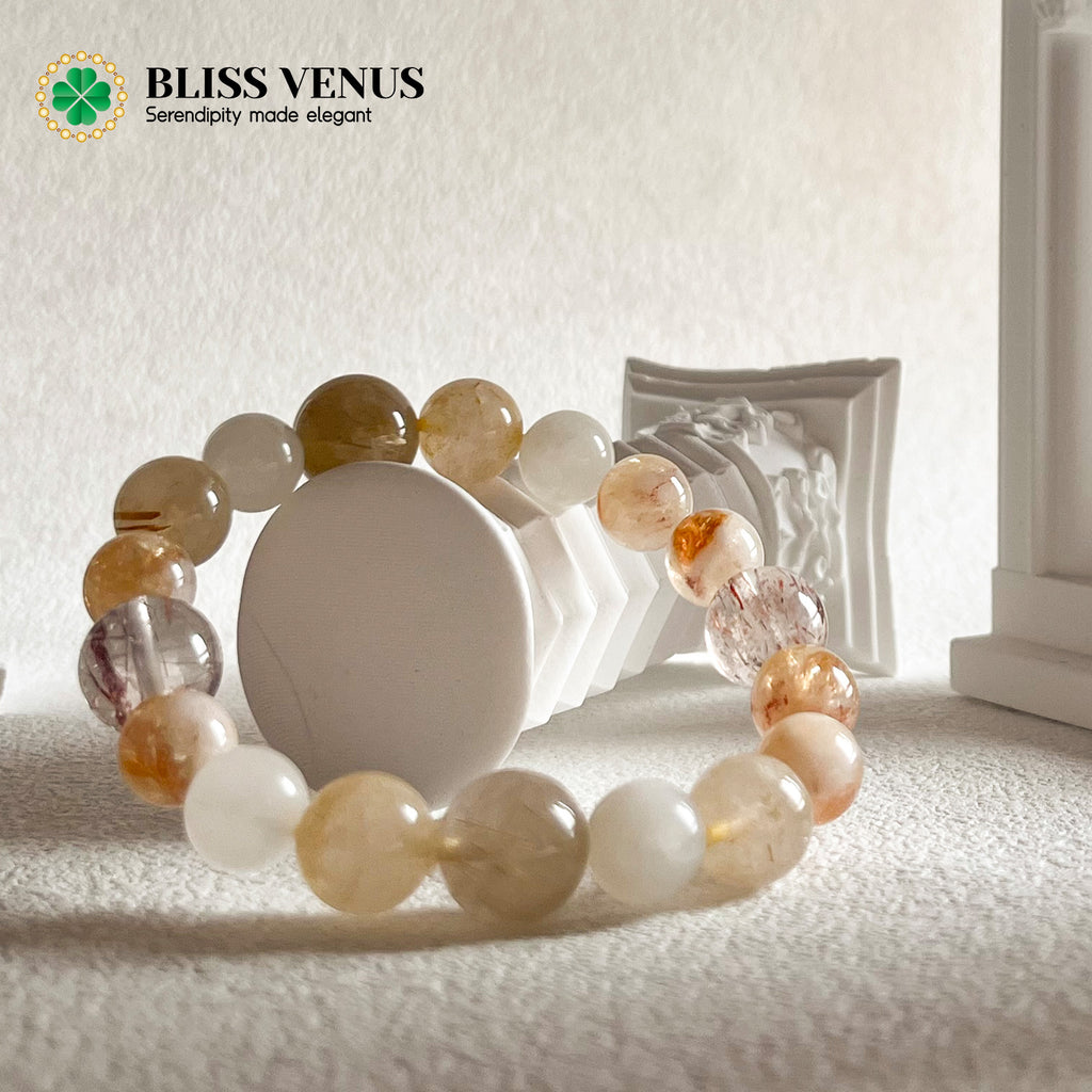 Natural earth color crystal beaded bracelet worn on wrist, wealth courage and wisdom combination