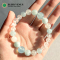 Natural moonstone aquamarine clear crystal beaded bracelet worn on wrist, March and June birthstones
