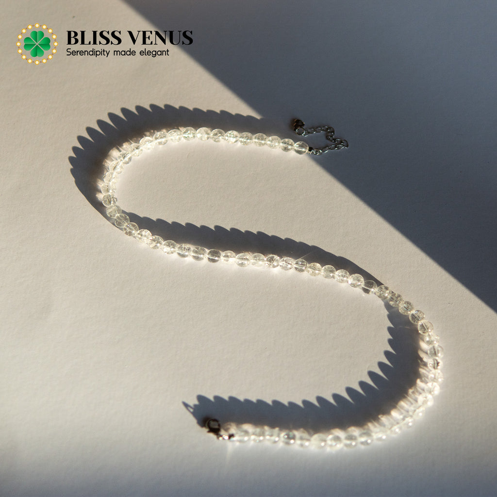 Natural white crystal short necklace detail view, 36+5cm adjustable length choker style