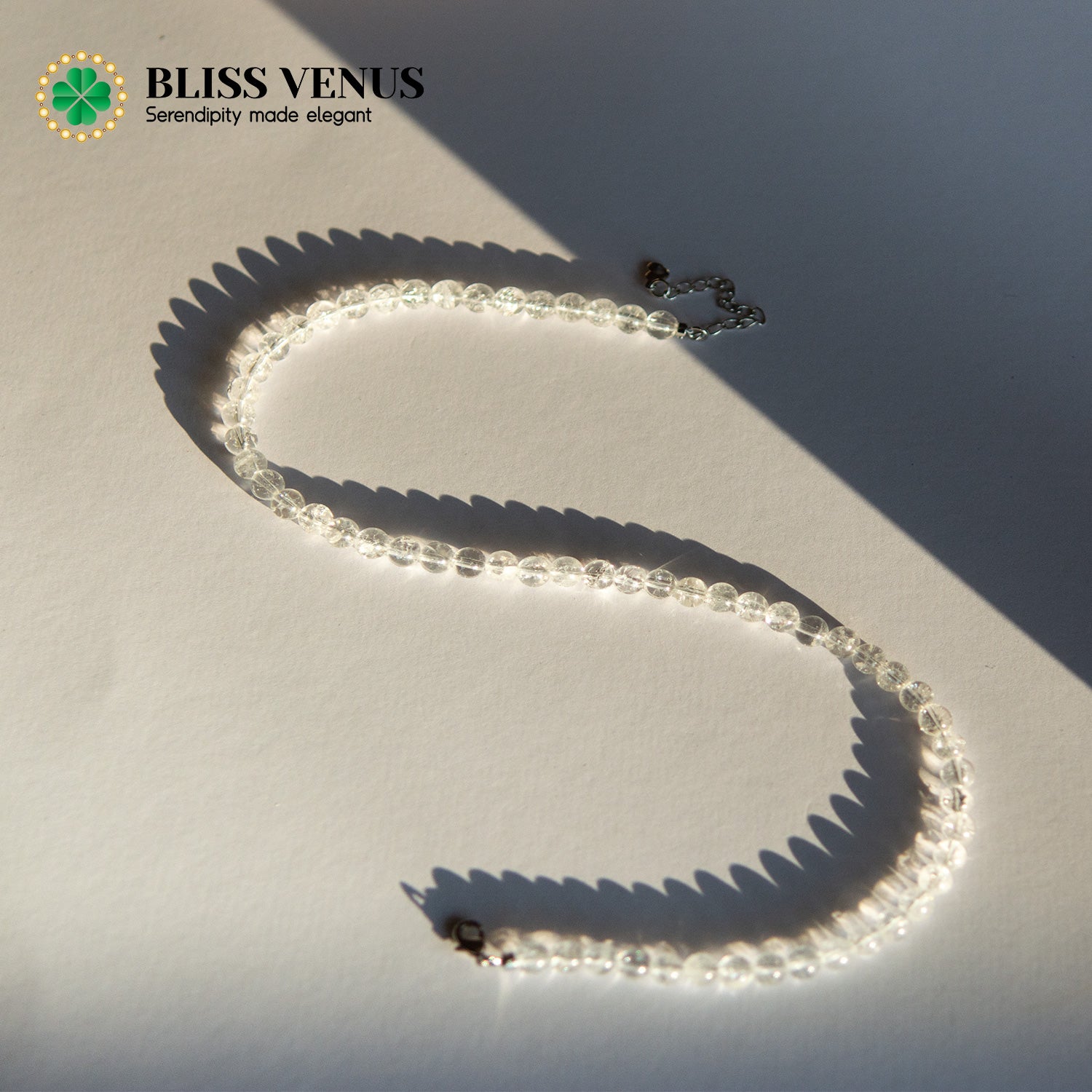 Natural white crystal short necklace detail view, 36+5cm adjustable length choker style