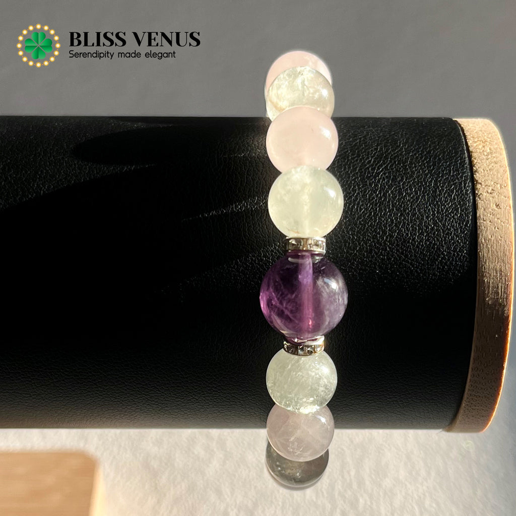 Pink green purple crystal bracelet detail view displaying love, vitality and wisdom stone combination