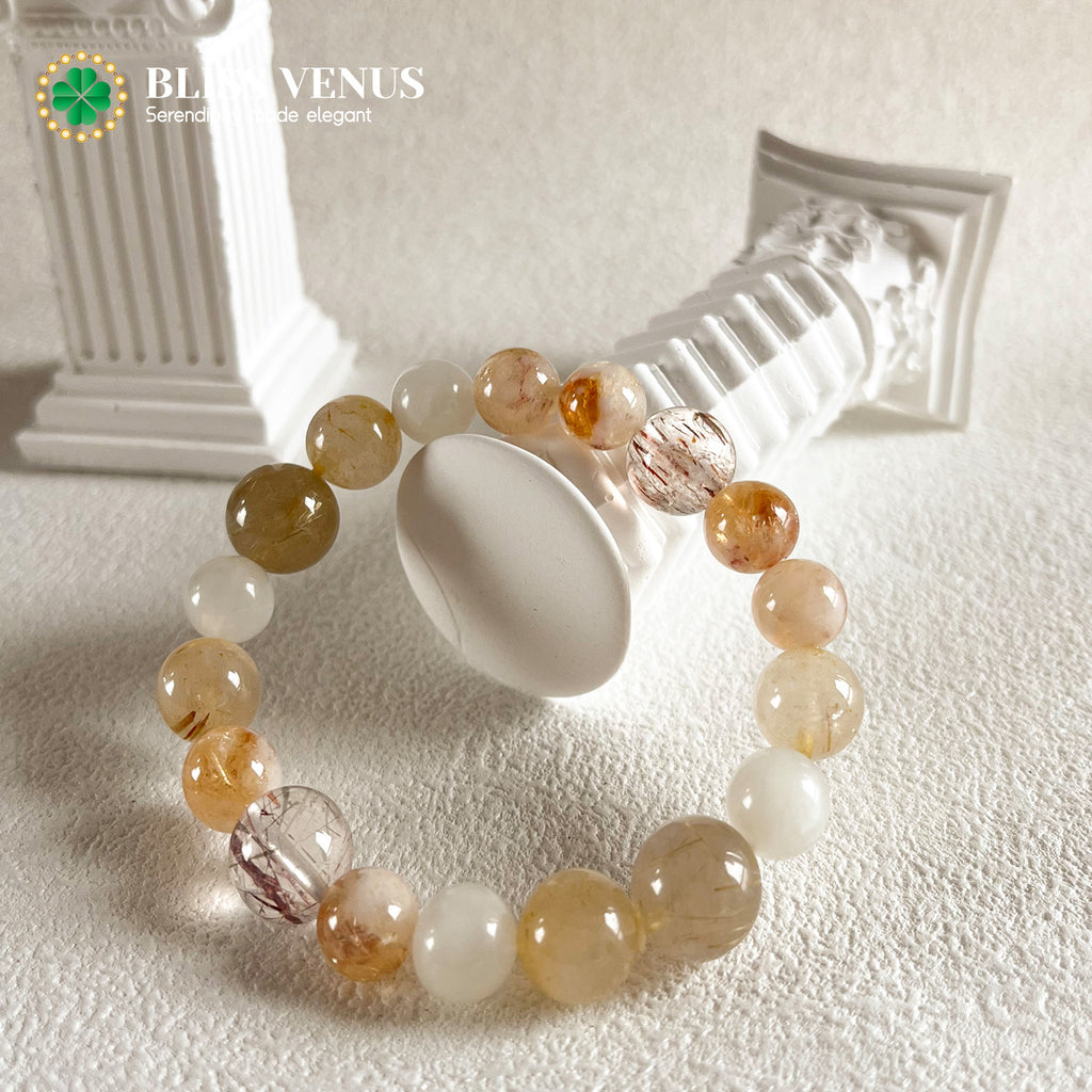 Protection and career development earth tone crystal bracelet with golden rutile moonstone fluorite super 7, 8mm-12mm beads