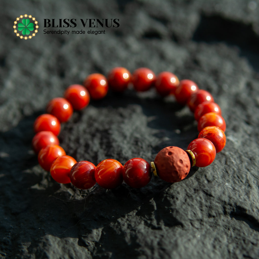 Red agate healing bracelet detail view displaying bead size and sun-inspired design