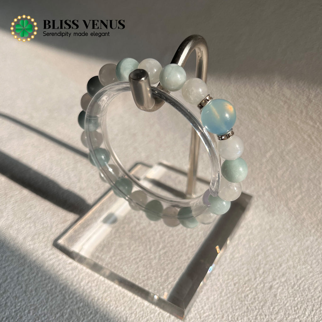 Side angle of aquamarine moonstone bracelet showing composure calmness and romantic harmony