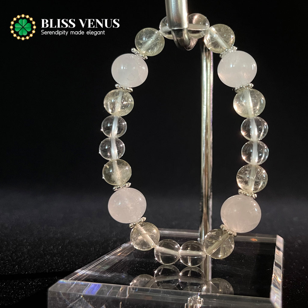 Side angle of clear and yellow crystal bracelet showing earth-metal five elements harmony