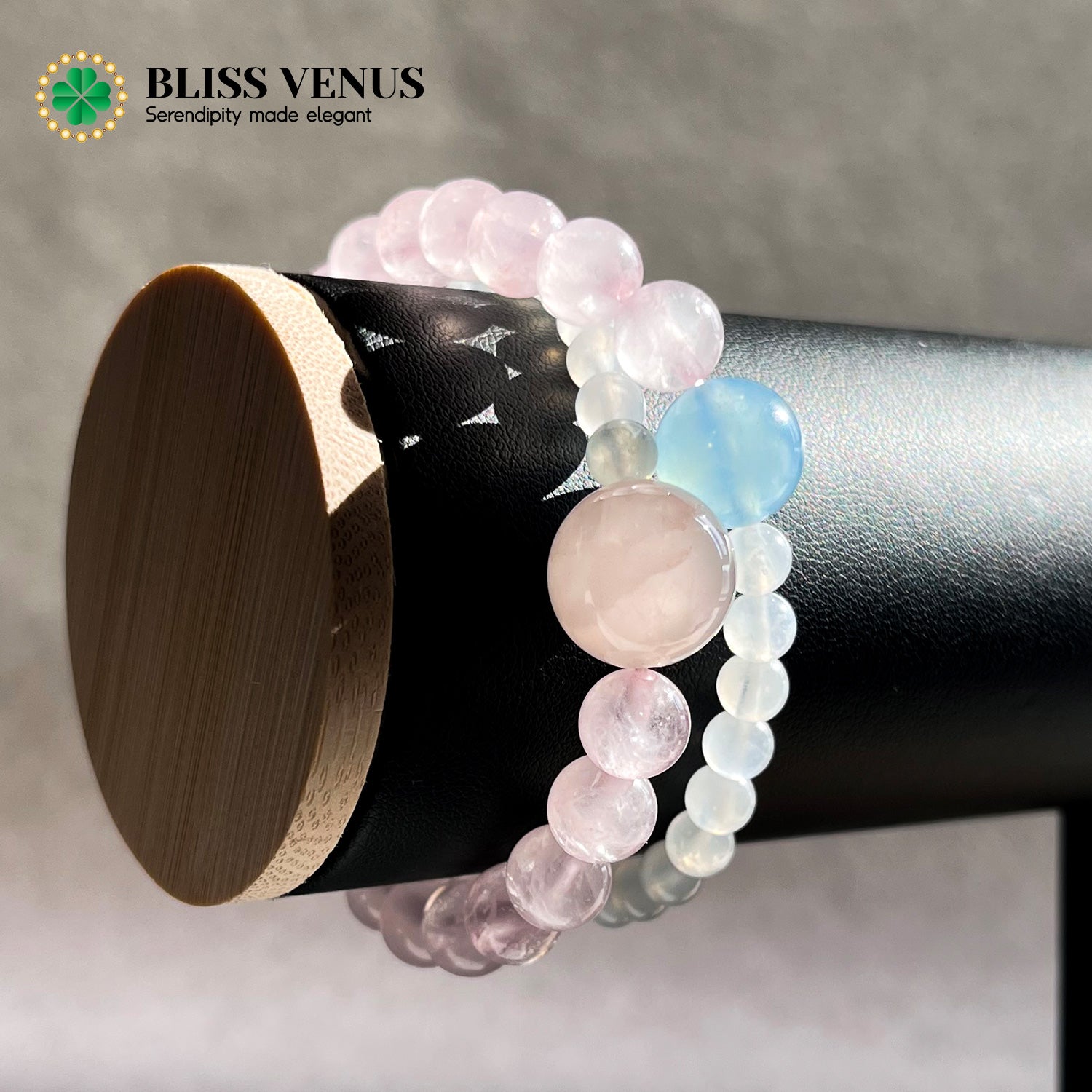 Side angle of double layer crystal bracelet showing charm sincerity and emotional balance stones