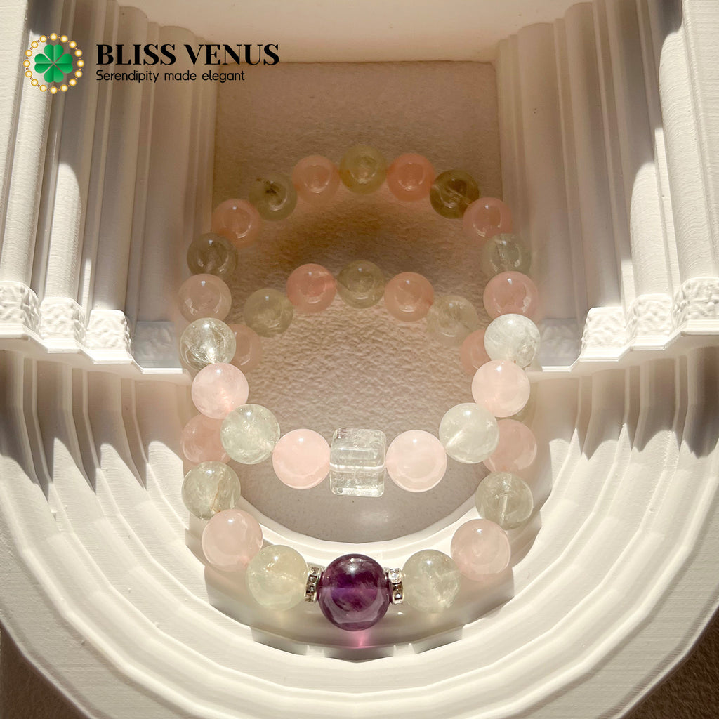 Side angle of pink green purple crystal bracelet showing synergistic energy of three crystals