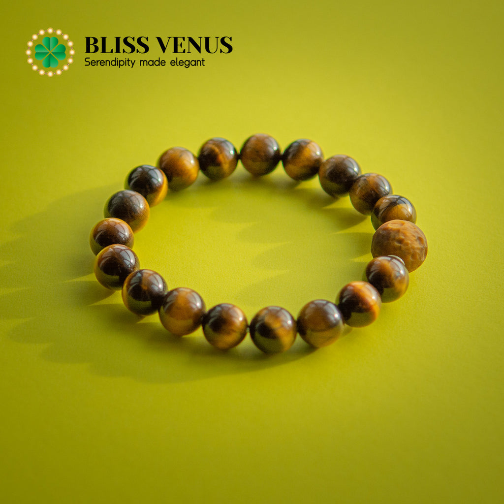 Side angle of tiger eye bracelet showing bead arrangement and solar plexus chakra stone