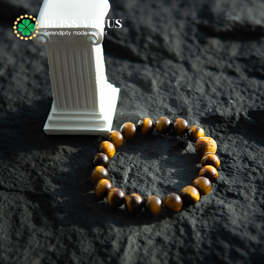 Tiger eye stone bracelet detail view displaying bead size and Venus-inspired design