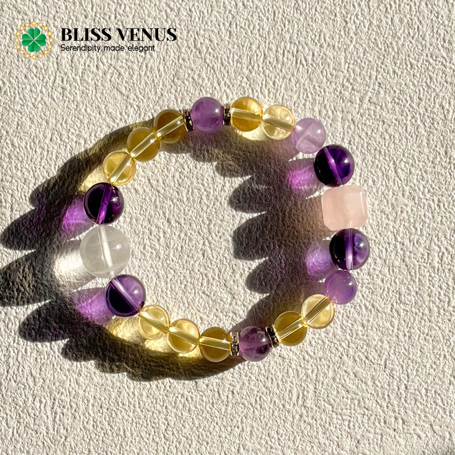 Wealth wisdom and love natural crystal bracelet with yellow white purple pink crystals, 8mm-12mm beads, customizable